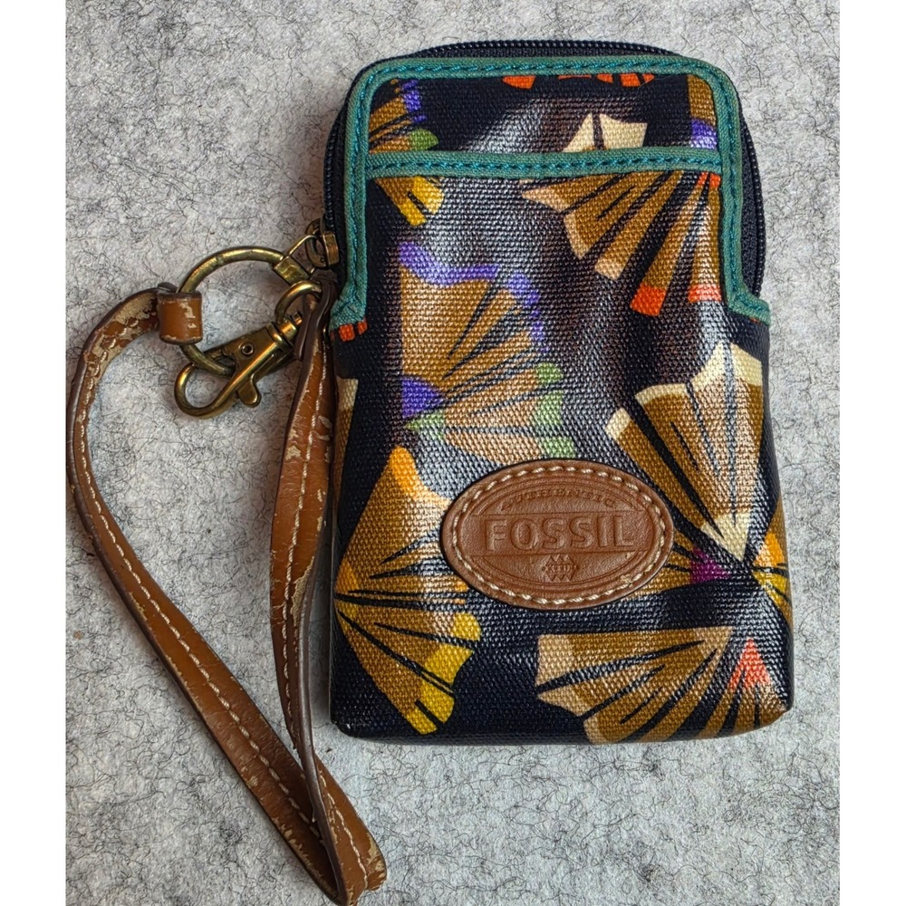 Fossil Coated Canvas Wristlet Wallet Fall Fan Print Zip Phone Case